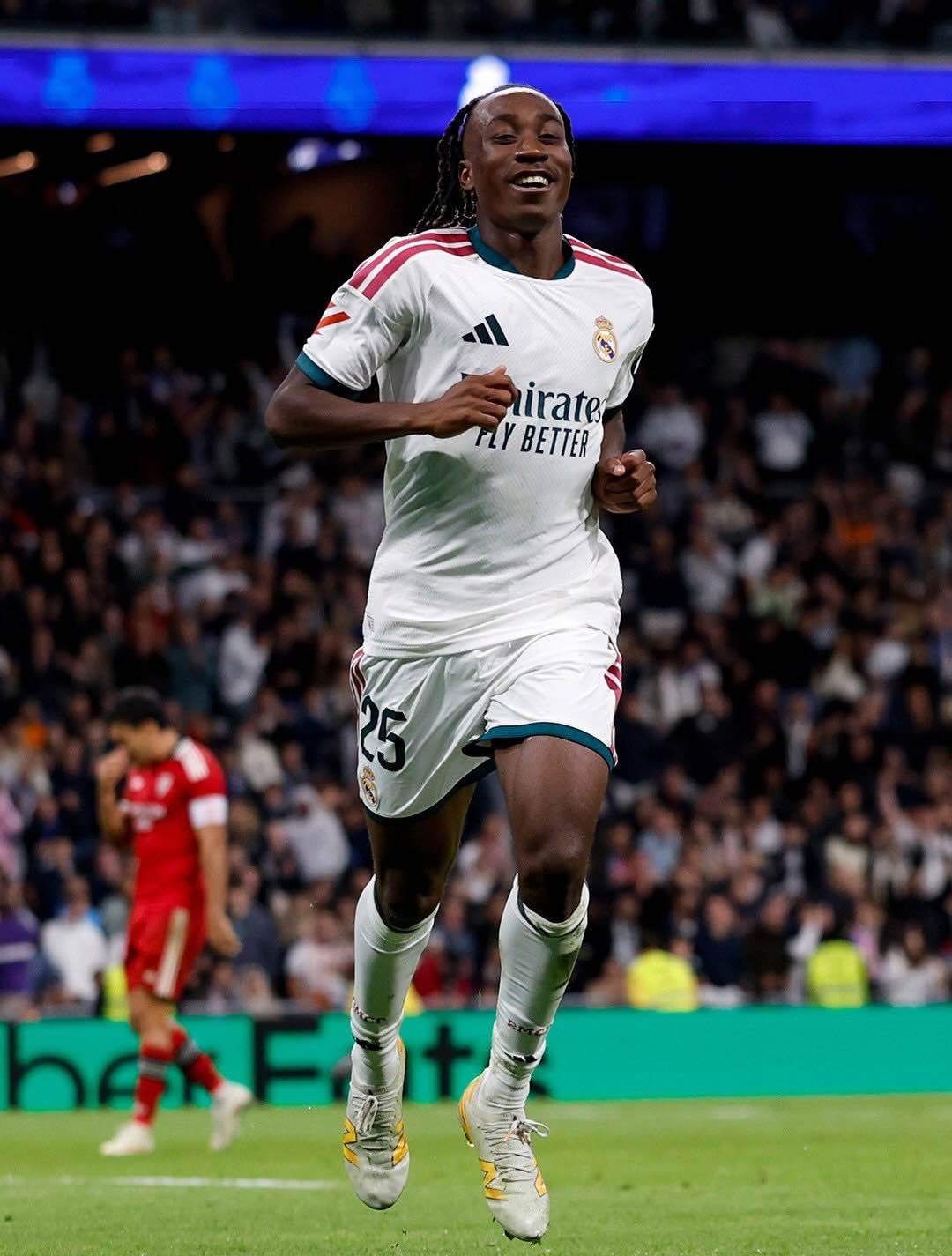 Yan Diomande smiles as he celebrates after scoring for Real Madrid.