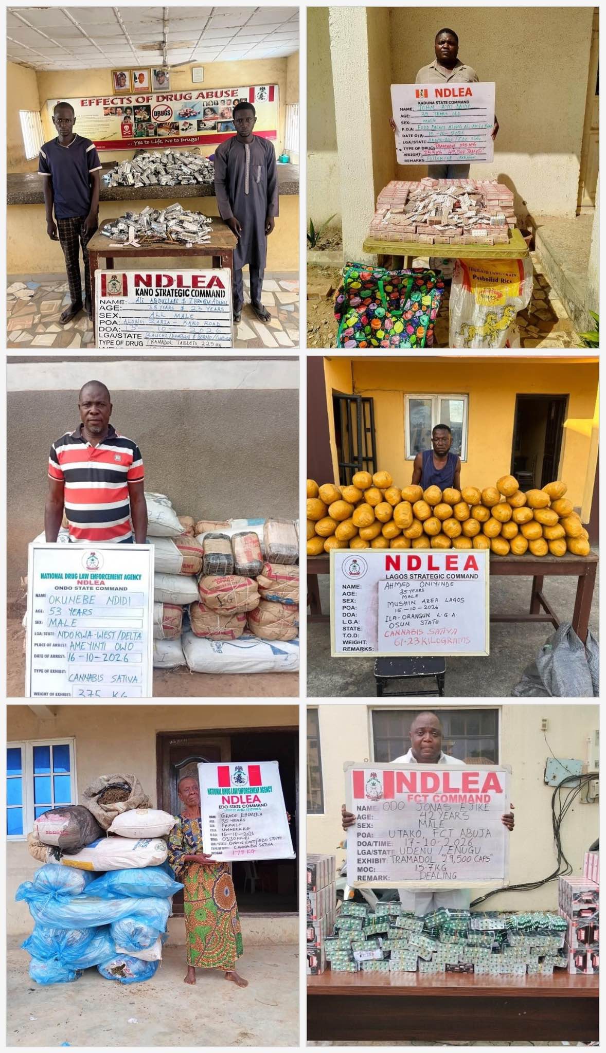 NDLEA displays seized drugs and suspects.