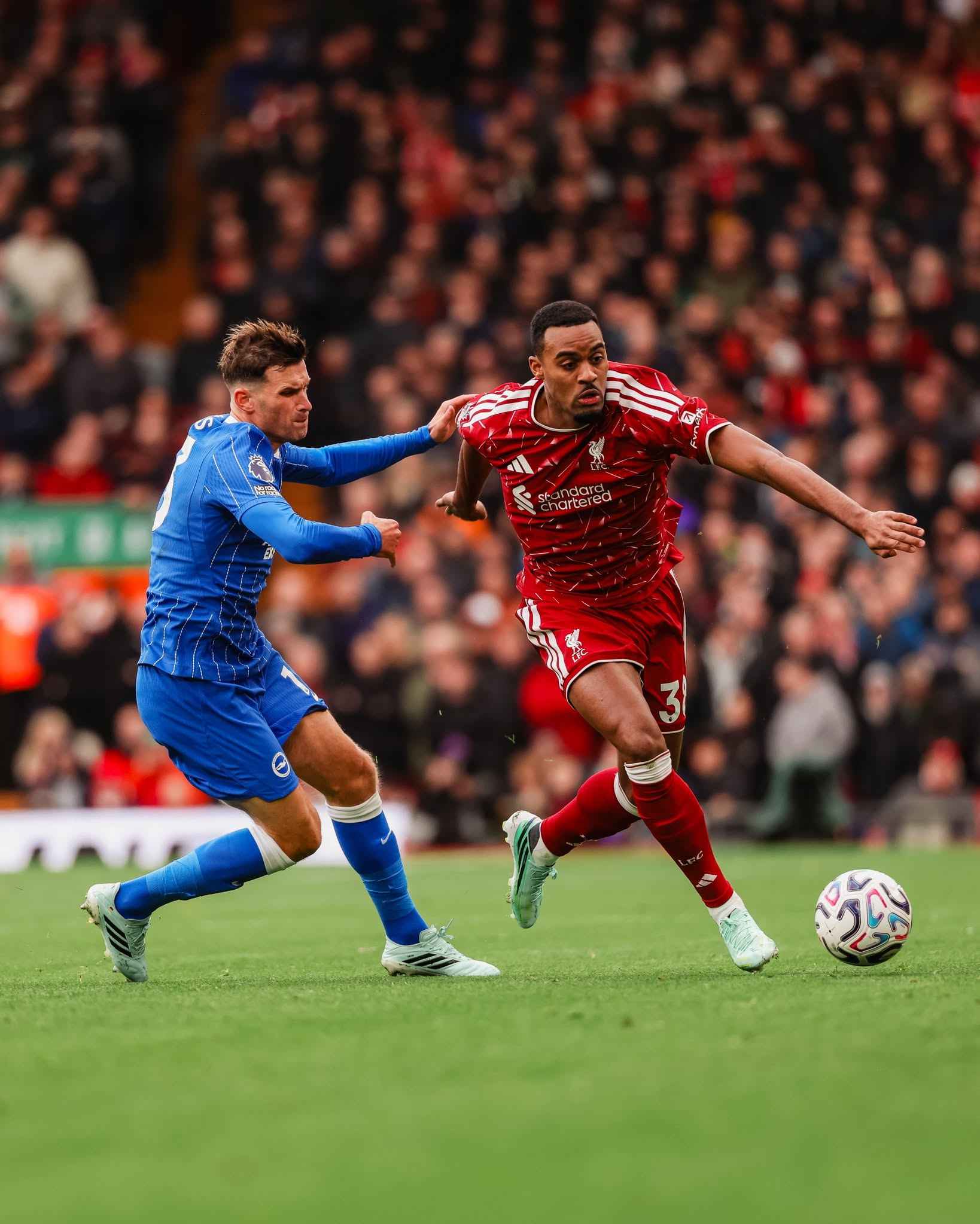 Liverpool’s Ryan Gravenberch competes with Brighton’s Evan Ferguson during the Premier League clash at Anfield.