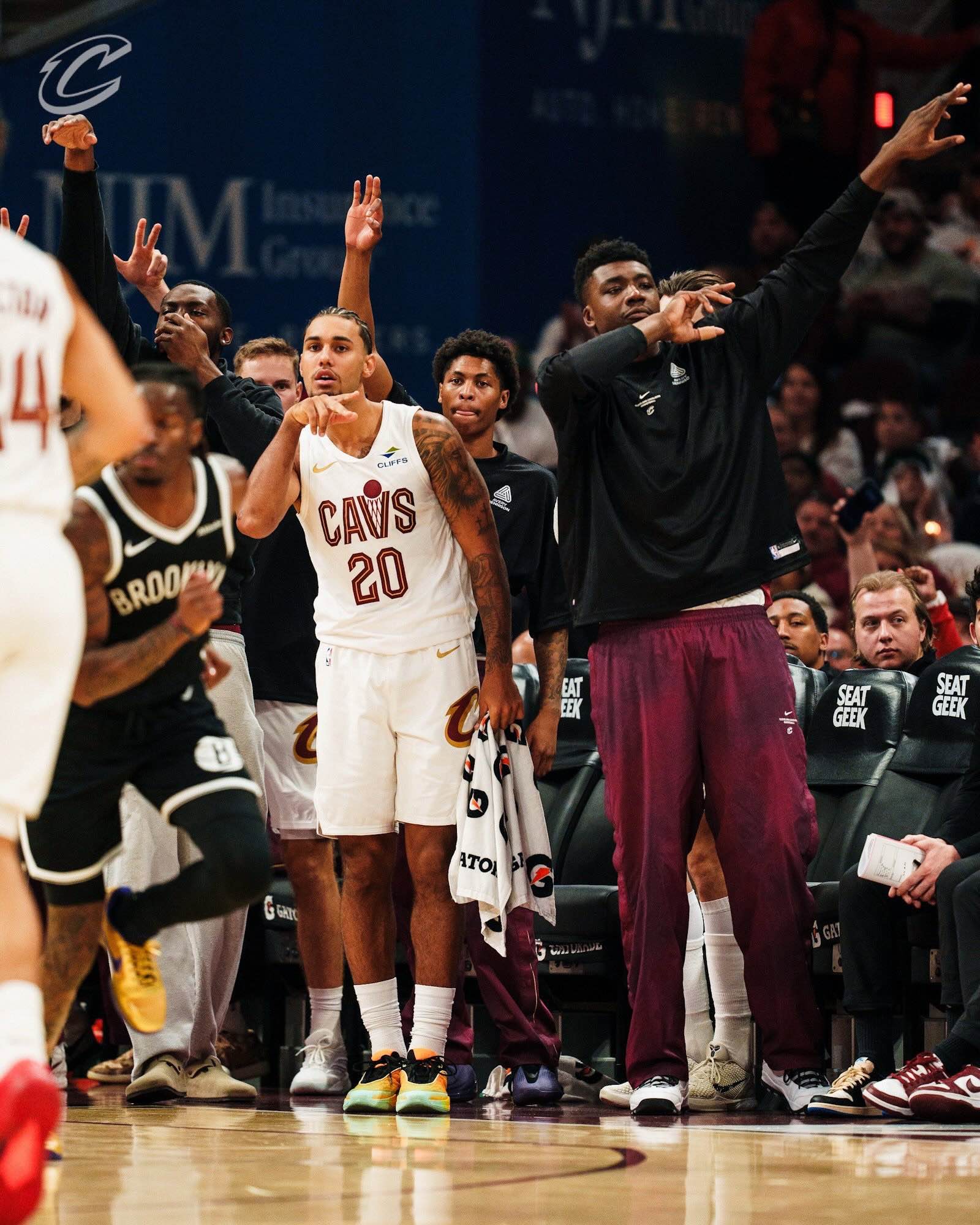Mobley and his teammates react during Cleveland’s hard-fought win over Brooklyn.