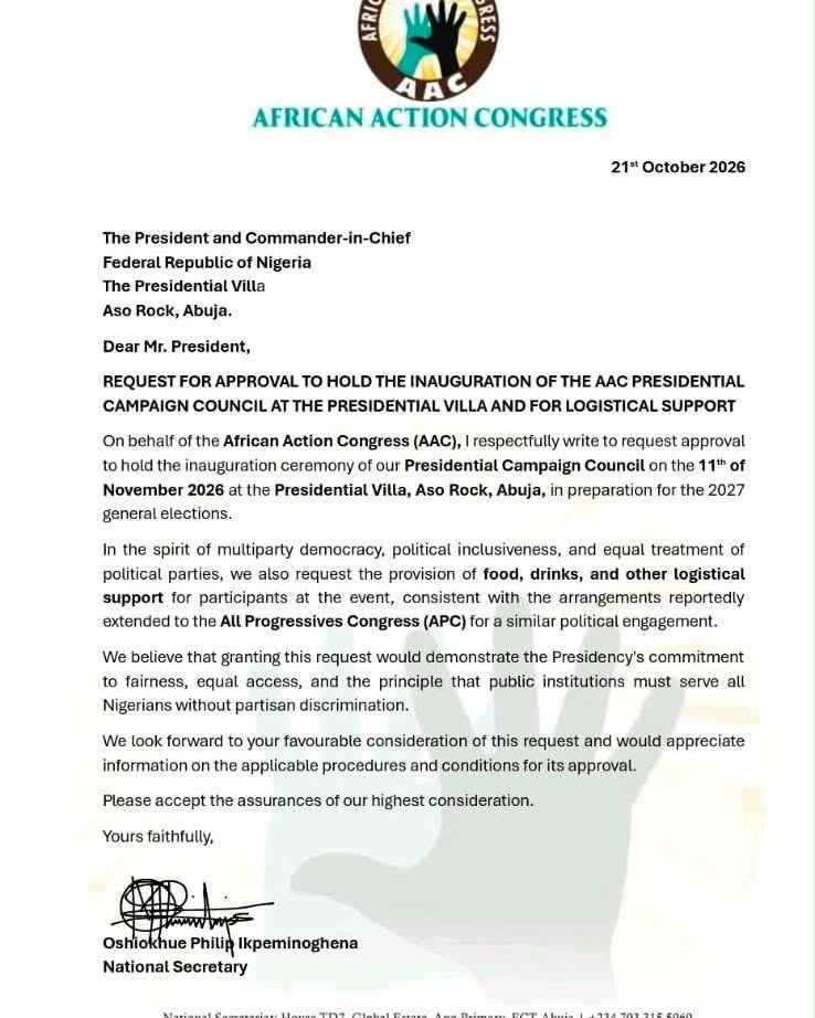 The AAC letter requesting President Tinubu’s approval for the November 11 inauguration.