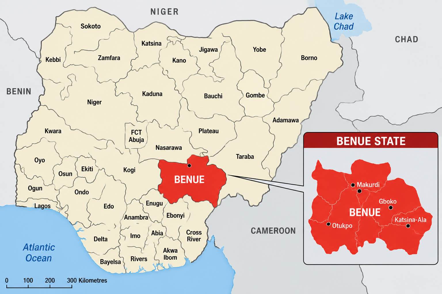 Map showing the location of Benue State in Nigeria.